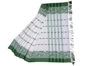 Traditional Cotton Adivasi Saree, White with Green Border, 5.5 Metres.